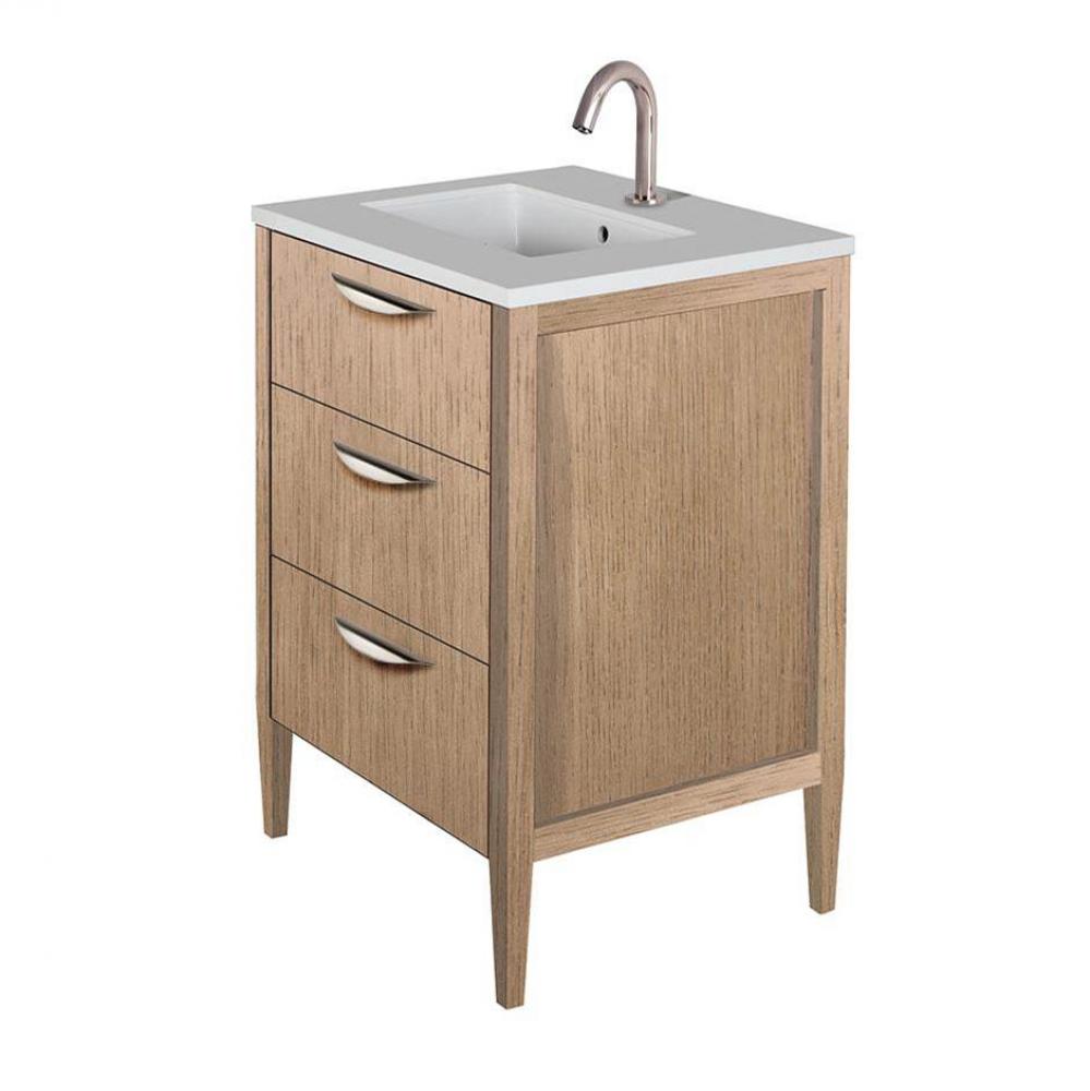 Free-standing under-counter vanity with two drawers(pulls included), the top drawer has U-shaped n