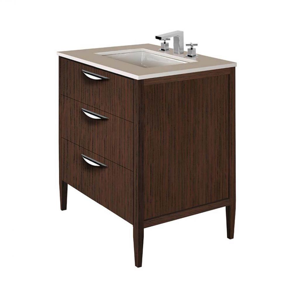 Free-standing under-counter vanity with two drawers(pulls included), the top drawer has U-shaped n