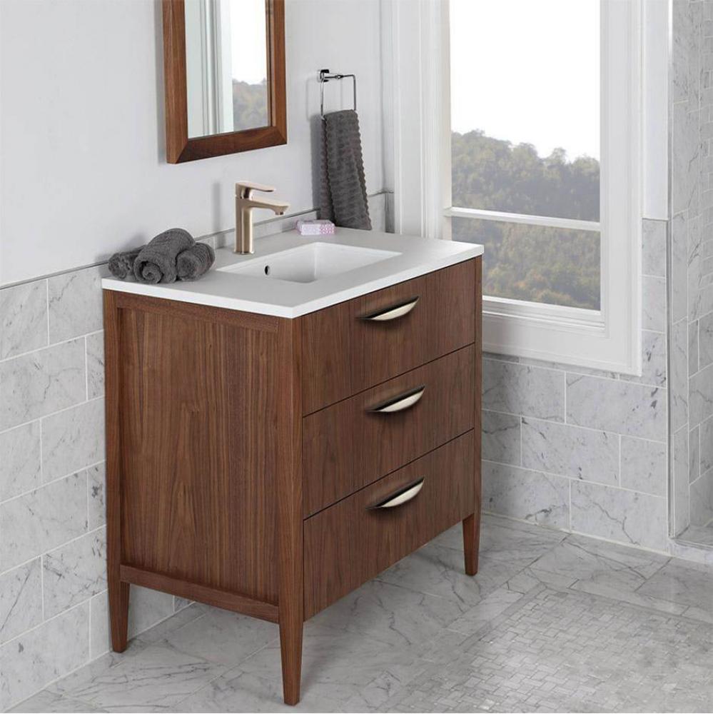 Free-standing under-counter vanity with two drawers(pulls included), the top drawer has U-shaped n