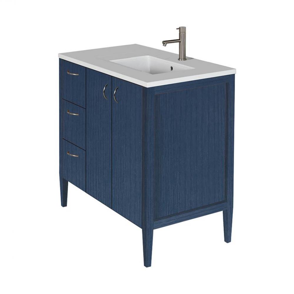 Free-standing under-counter vanity with three drawers on the left an two doors on the right(pulls