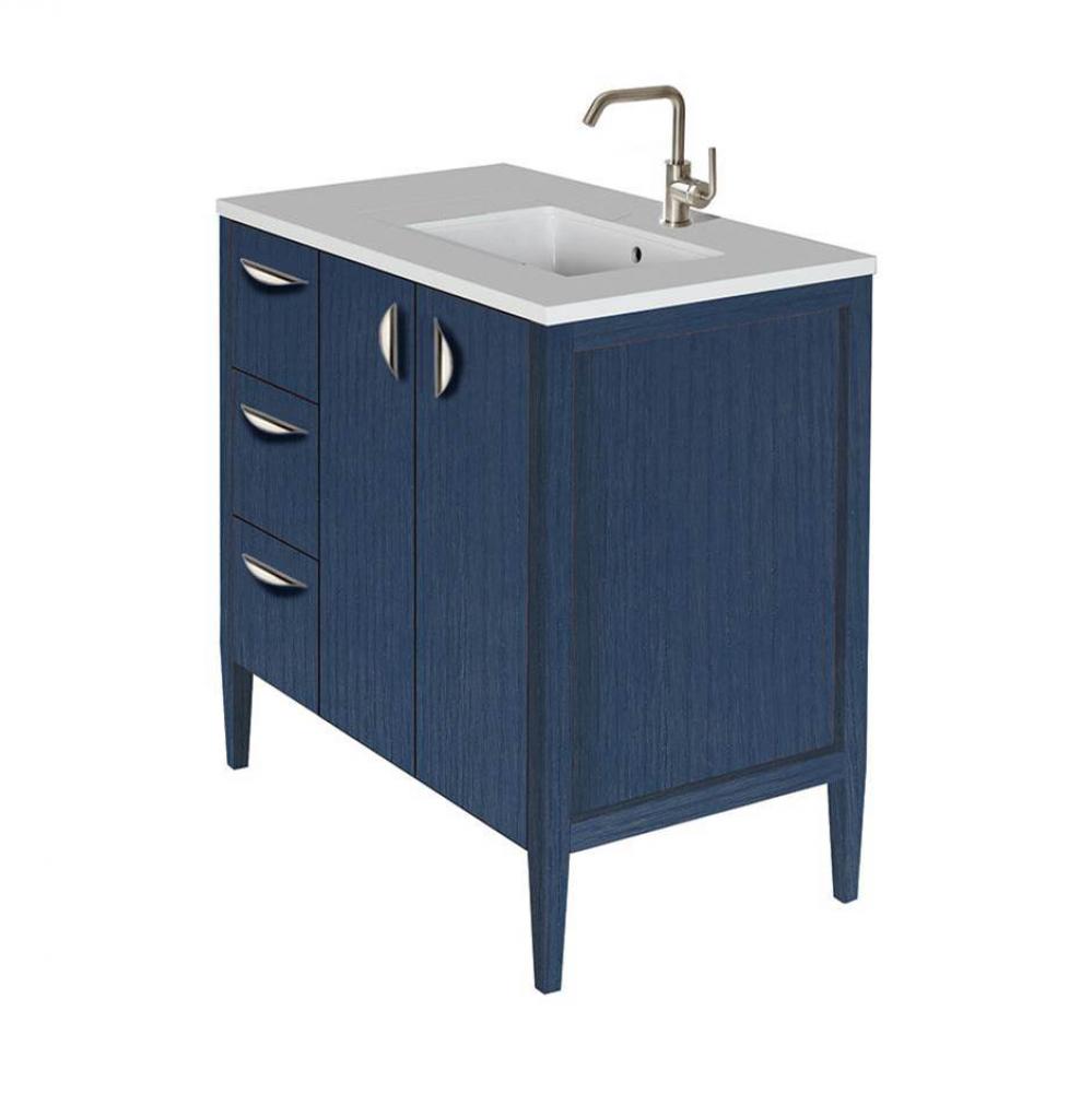 Free-standing under-counter vanity with three drawers on the left an two doors on the right(pulls