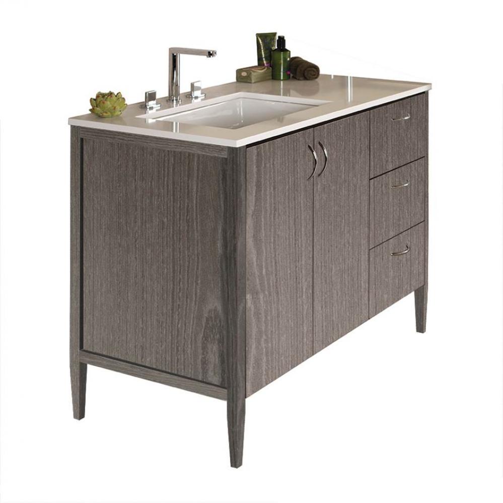 Free-standing under-counter vanity with two doors on the left an three drawers on the right(pulls