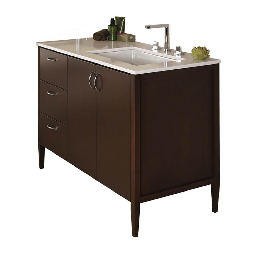 Free-standing under-counter vanity with three drawers on the left an two doors on the right(pulls