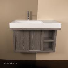 Lacava LIB-W-32L-20 - Wall-mounted under-counter vanity with two sliding doors, two open cubbies on the right, and accen