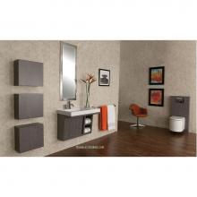 Lacava LIB-W-32L-33 - Wall-mounted under-counter vanity with two sliding doors, two open cubbies on the right, and accen