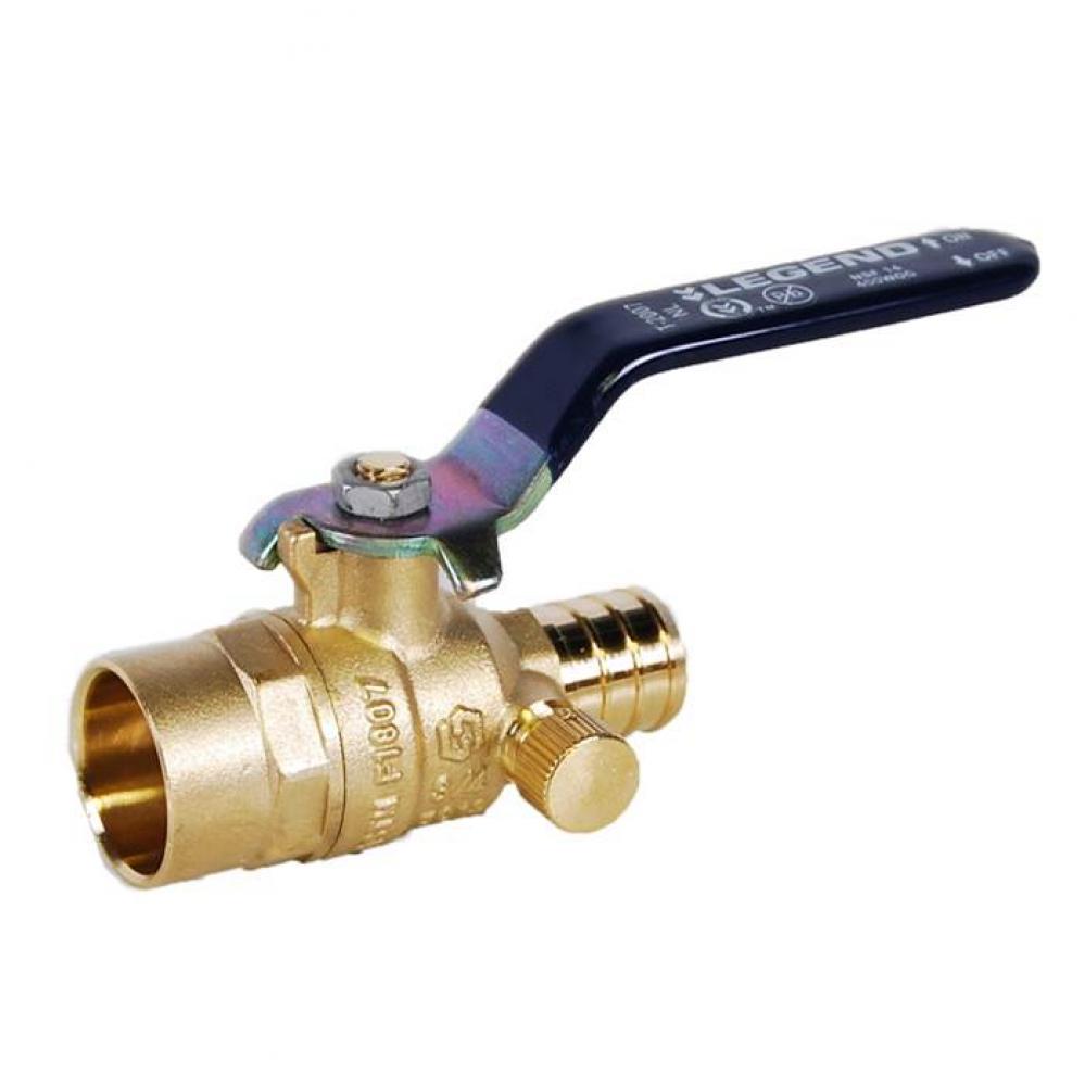 1/2 '' T-2007NL No Lead Forged, DZR Brass Sweat x PEX Ball Valve with Drain