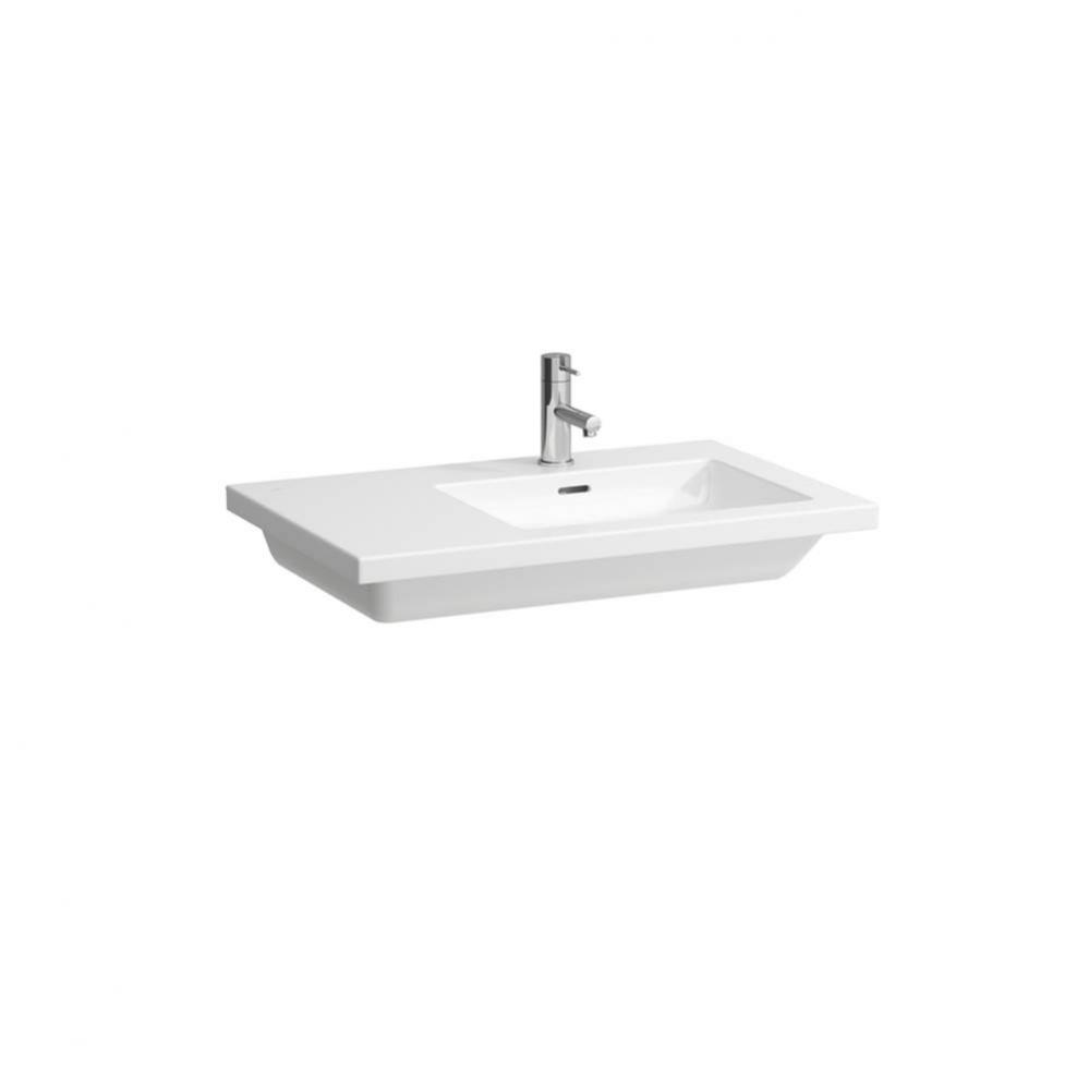 Washbasin asymmetric right, 750 x 480, with three tap holes, with overflow, with shelf right