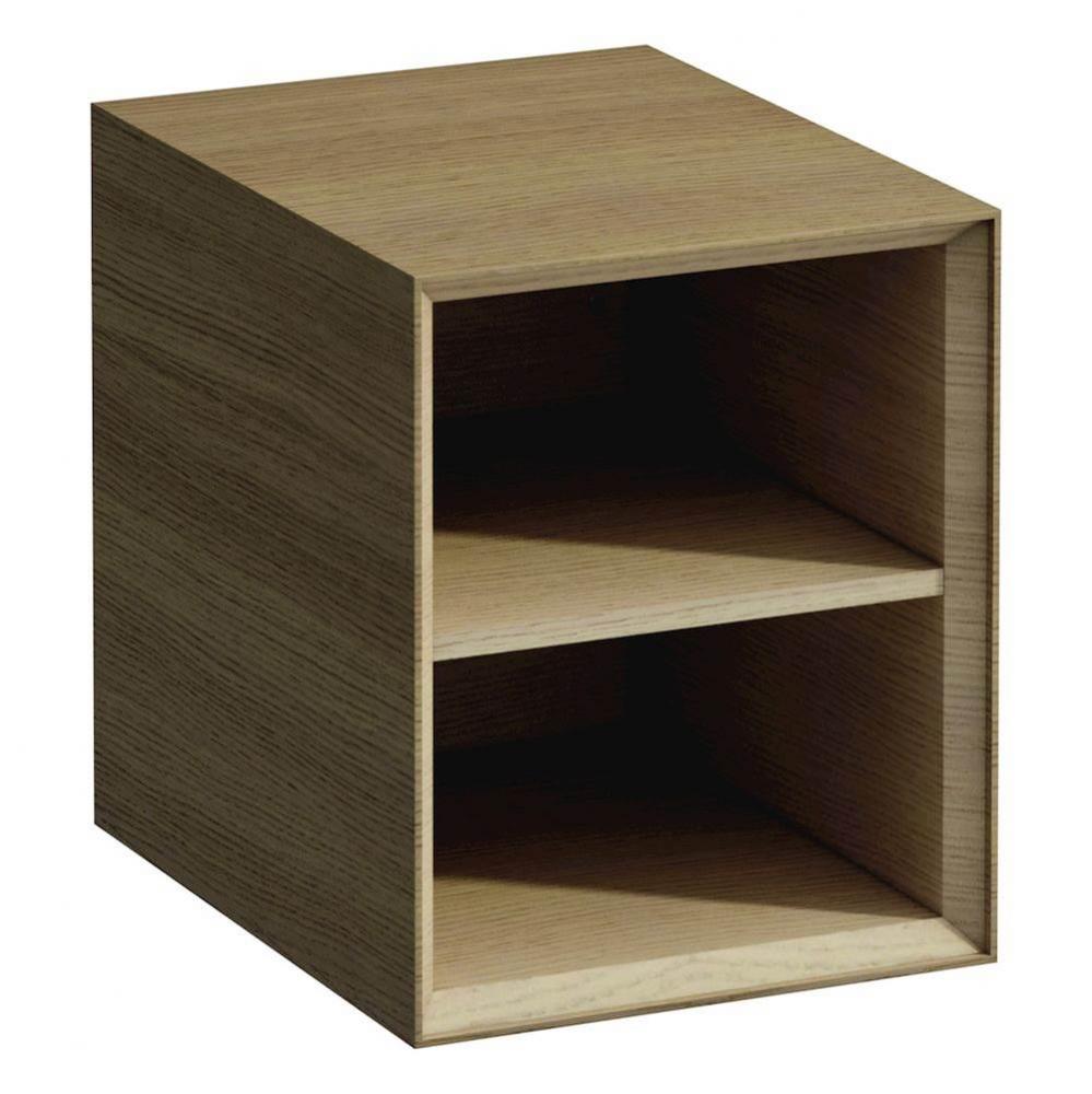 Open shelf element, lacquered surface veneer with solid wood edges