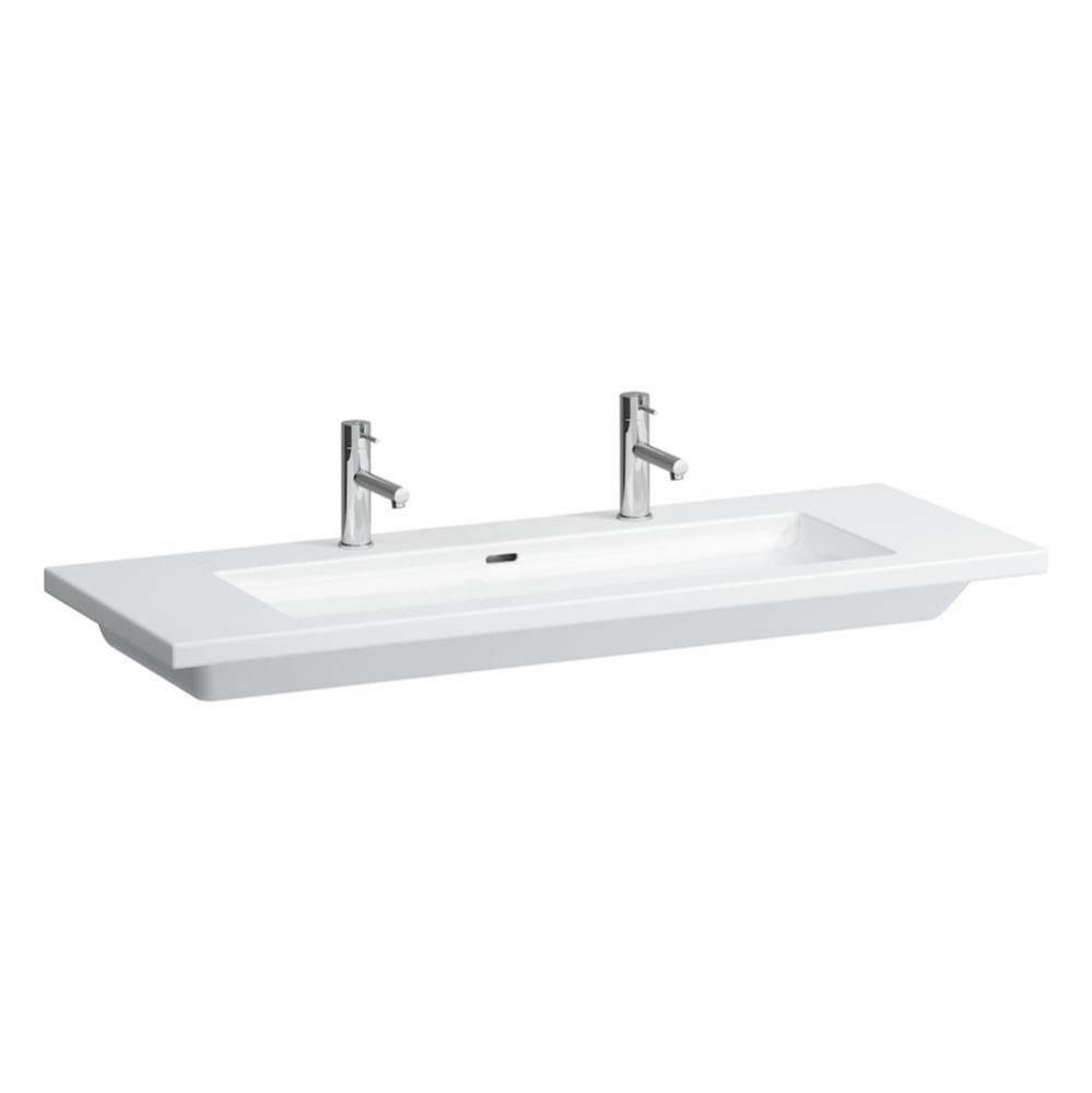 Washbasin, usable as single or double tap washbasin, wall mounted