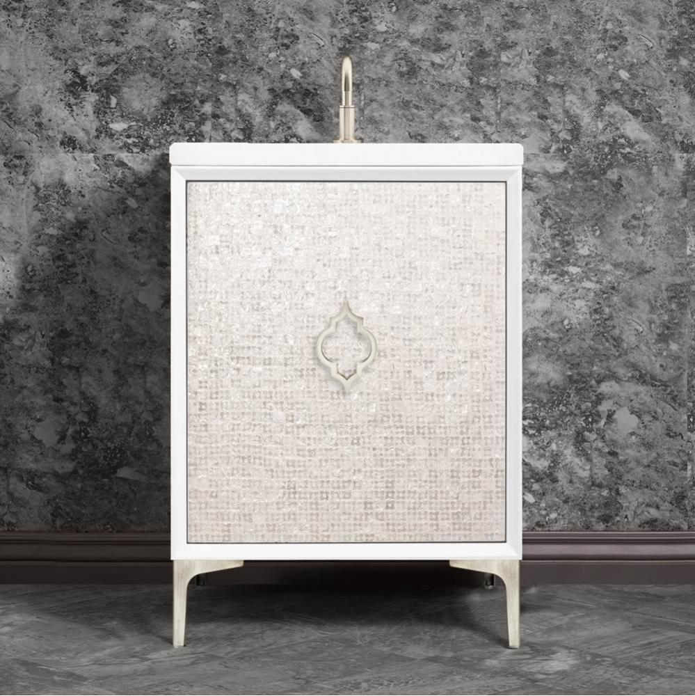 Mother of Pearl 24'' Wide White Vanity with Satin Nickel Arabesque Pull and Hardware, 24