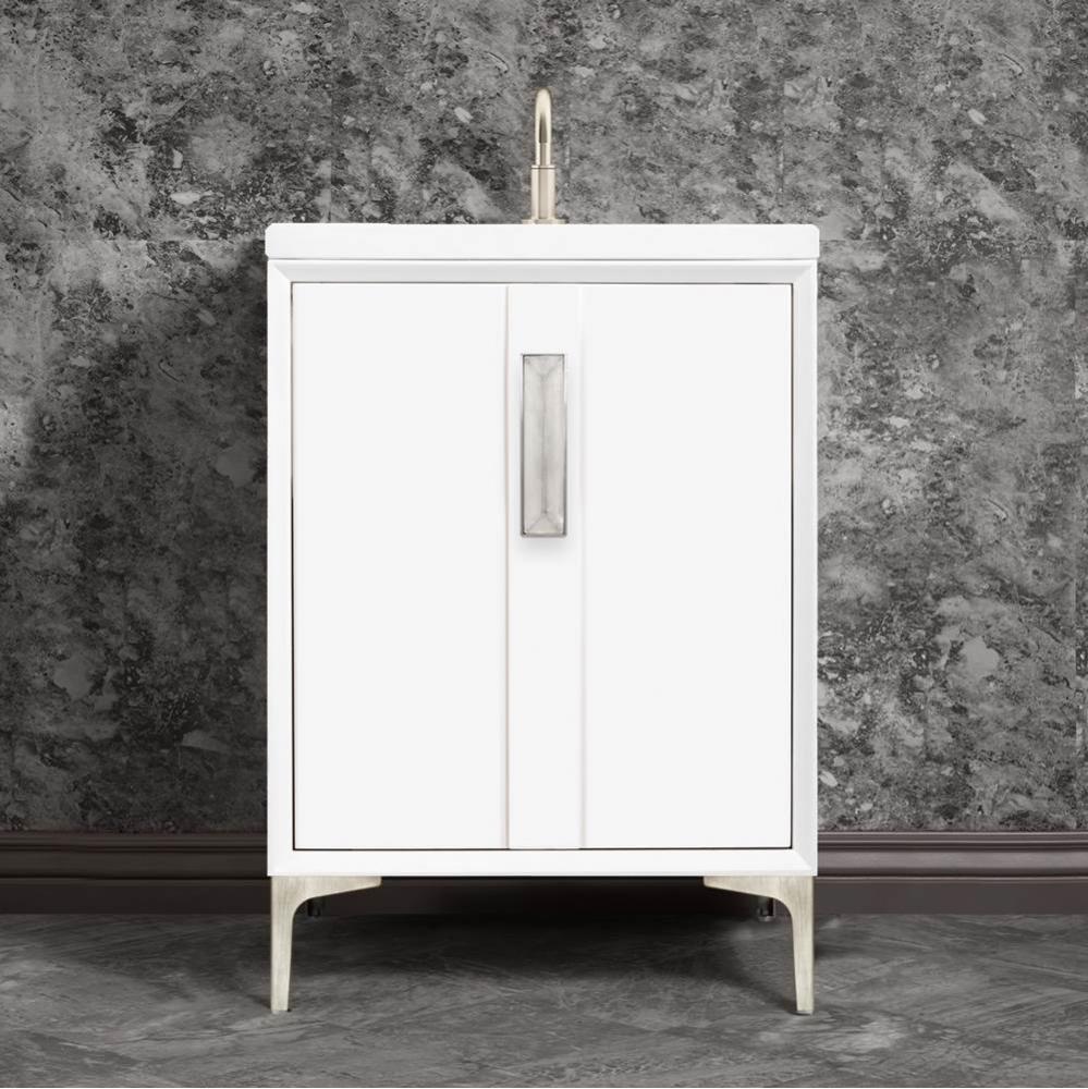 TUXEDO with 8'' Artisan Glass Prism Hardware 24'' Wide Vanity, White, Satin Ni
