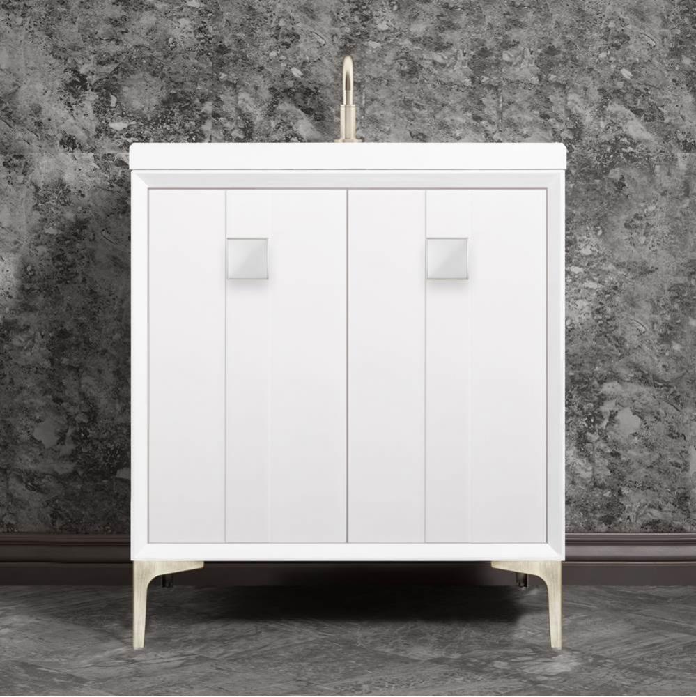 TUXEDO with 3'' Artisan Glass Prism Hardware 30'' Wide Vanity, White, Satin Ni