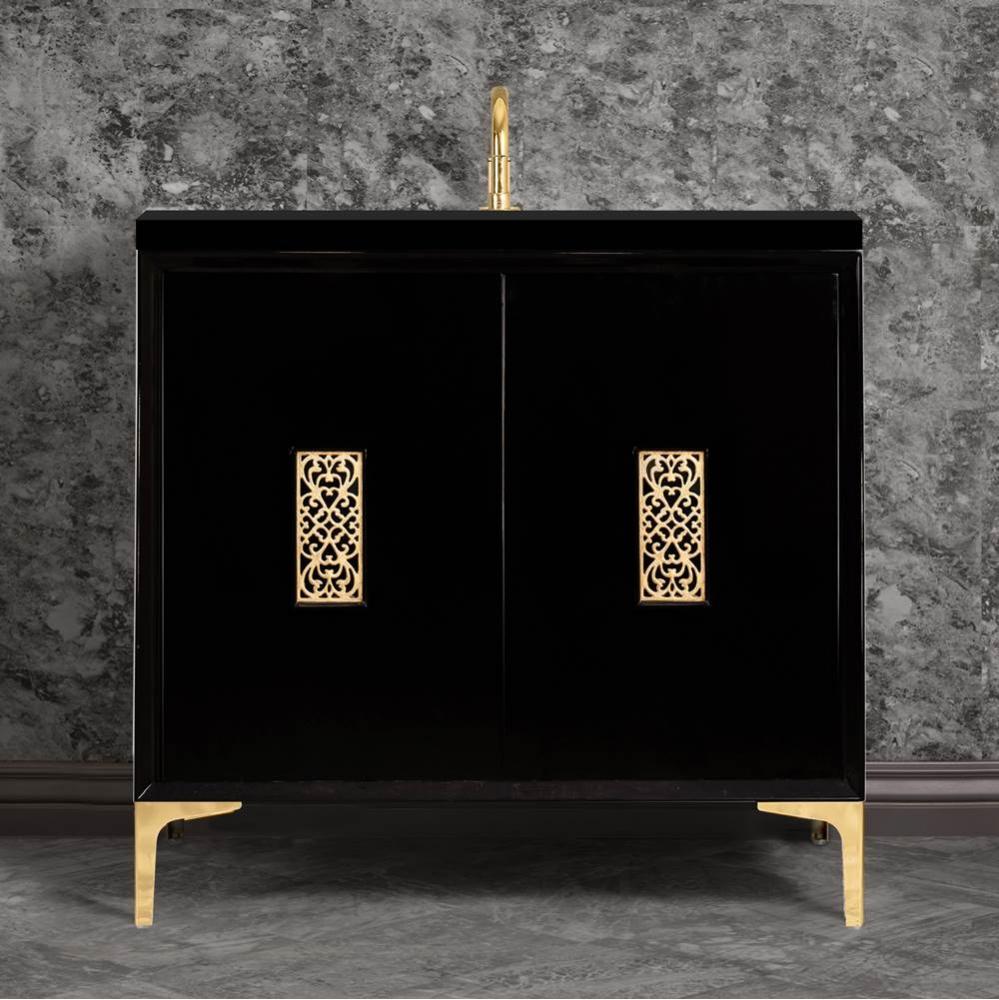 Frame 36'' Wide Black Vanity with Polished Brass Filigree Grate and Legs, 36''