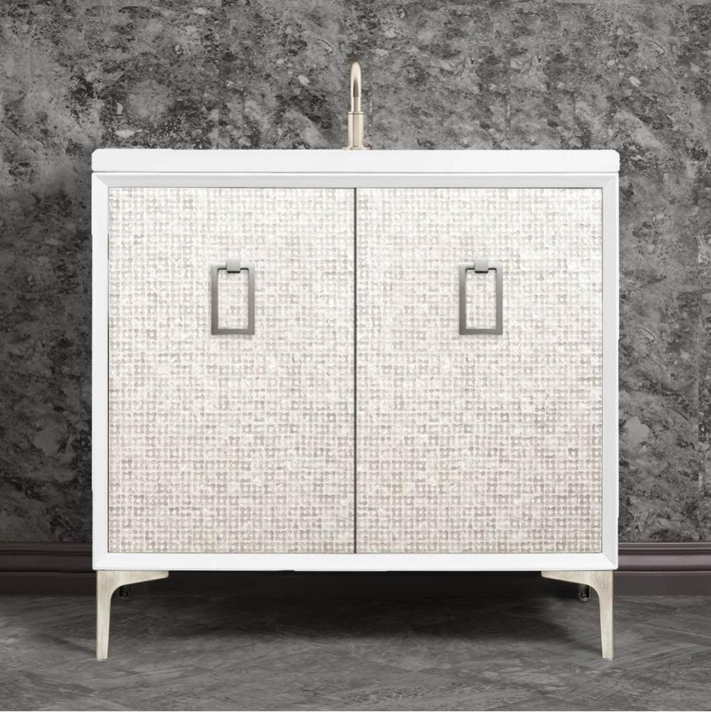 Mother of Pearl 36'' Wide White Vanity with Satin Nickel Coach Pull and Hardware