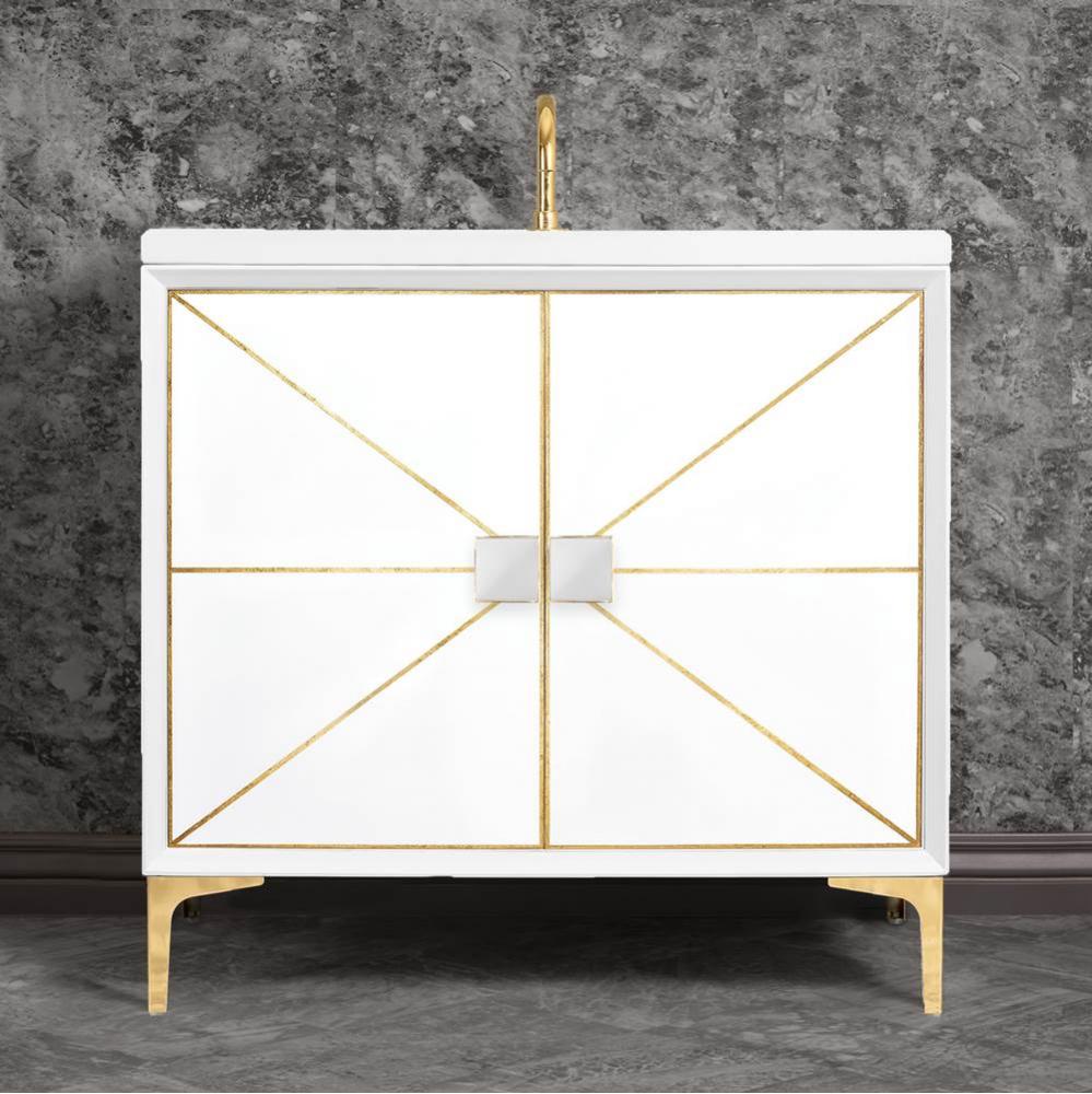 DIVERGENCE with Artisan Glass Hardware 36'' Wide Vanity, White, Polished Brass Hardware,