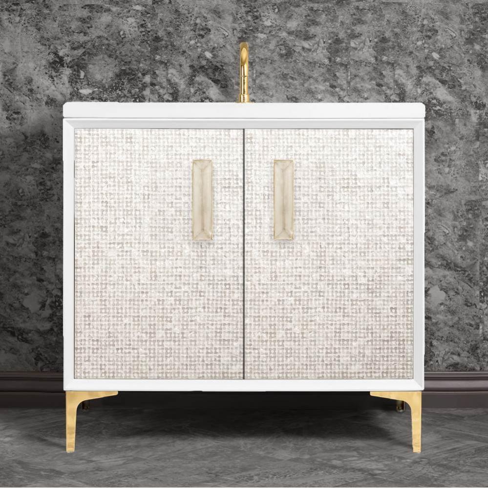 MOTHER OF PEARL with 8'' Artisan Glass Prism Hardware 36'' Wide Vanity, White,