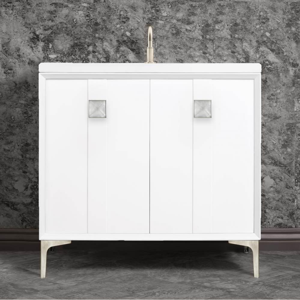 TUXEDO with 3'' Artisan Glass Prism Hardware 36'' Wide Vanity, White, Satin Ni