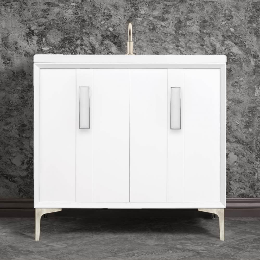 TUXEDO with 8'' Artisan Glass Prism Hardware 36'' Wide Vanity, White, Satin Ni