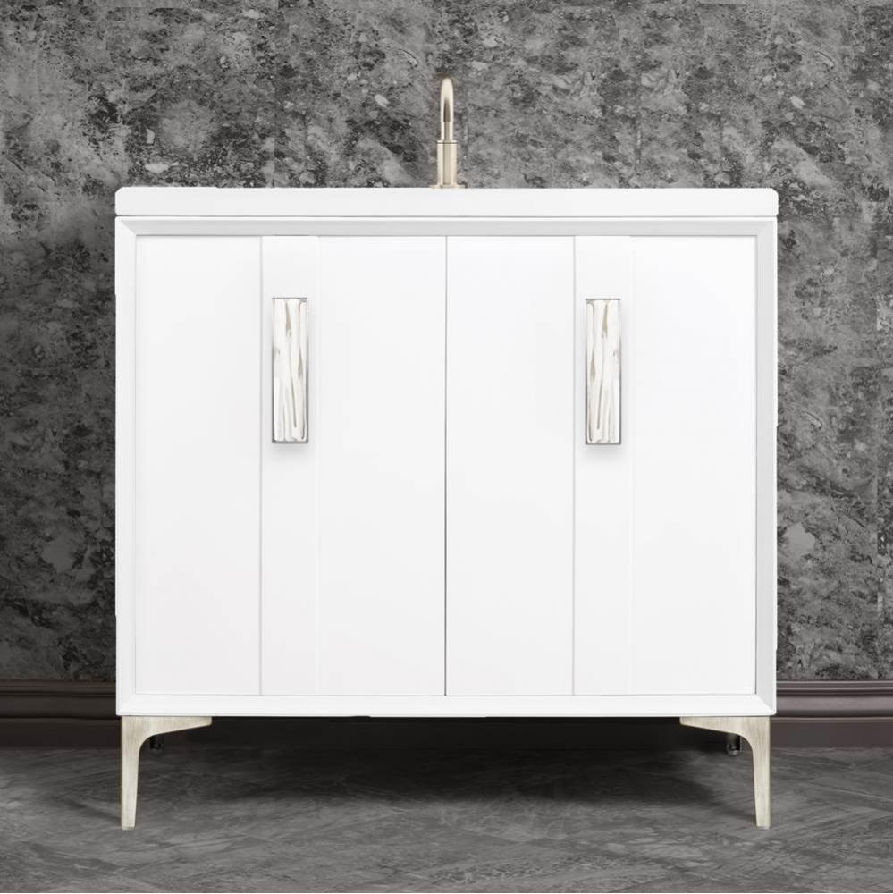TUXEDO with 8'' Artisan Glass Prism Hardware 36'' Wide Vanity, White, Satin Ni