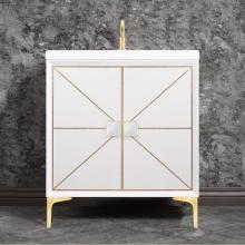 Linkasink VAN30W-014SB - DIVERGENCE with Artisan Glass Hardware 30'' Wide Vanity, White, Satin Brass Hardware, 30
