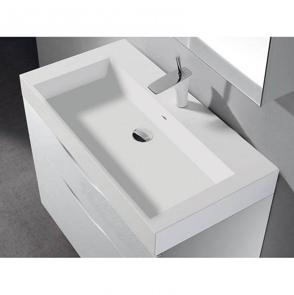 18''D-Trough 30''W Solid Surface , Sink. Glossy White, No Faucet Hole. W/Overf