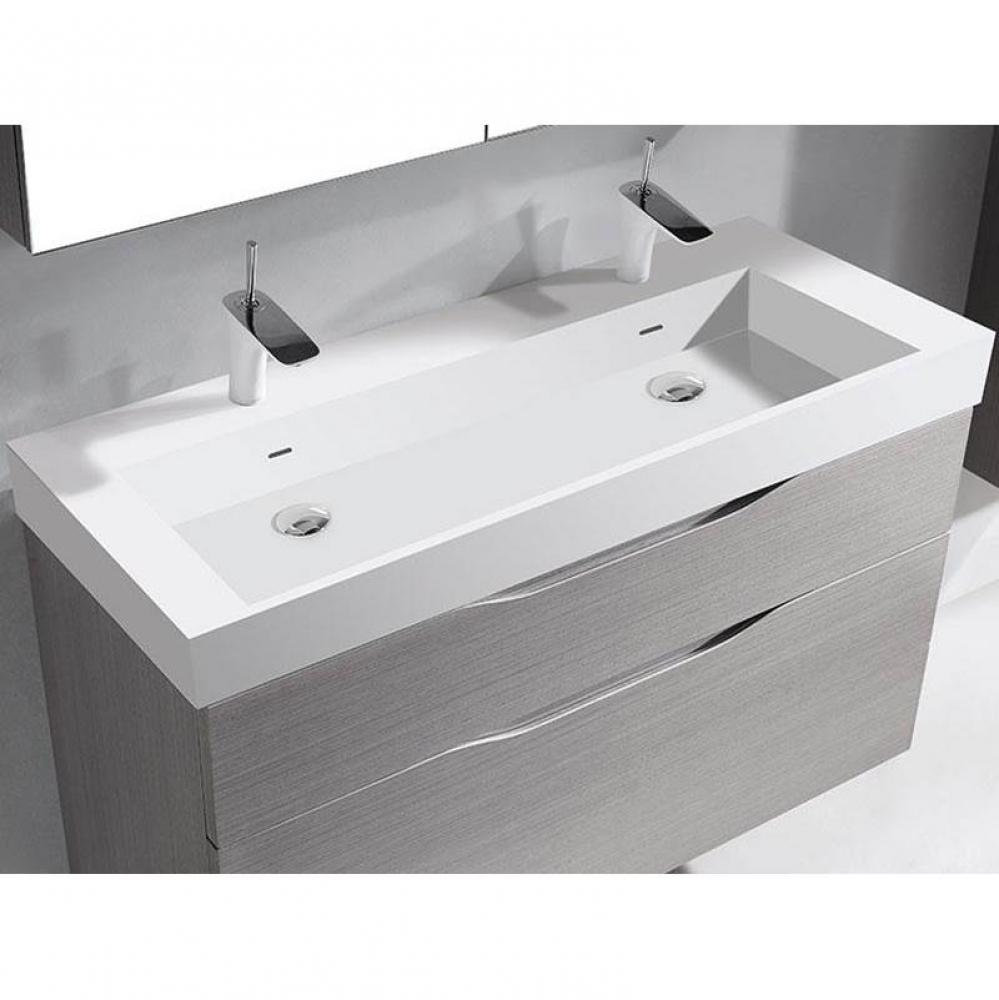 18''D-Trough 48''W Solid Surface , Sink. Glossy White. 2-Bowls, 8''