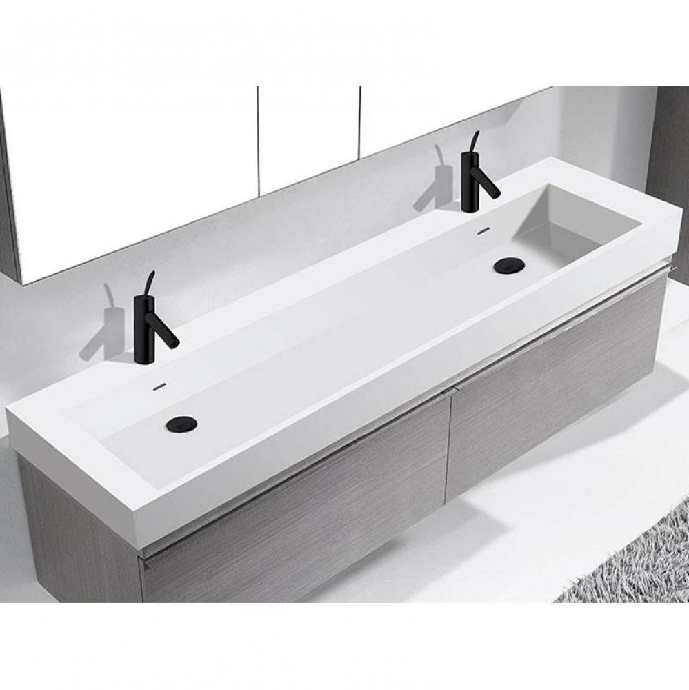 18''D-Trough 60''W Solid Surface , Sink. Glossy White. 2-Bowls, Single Faucet