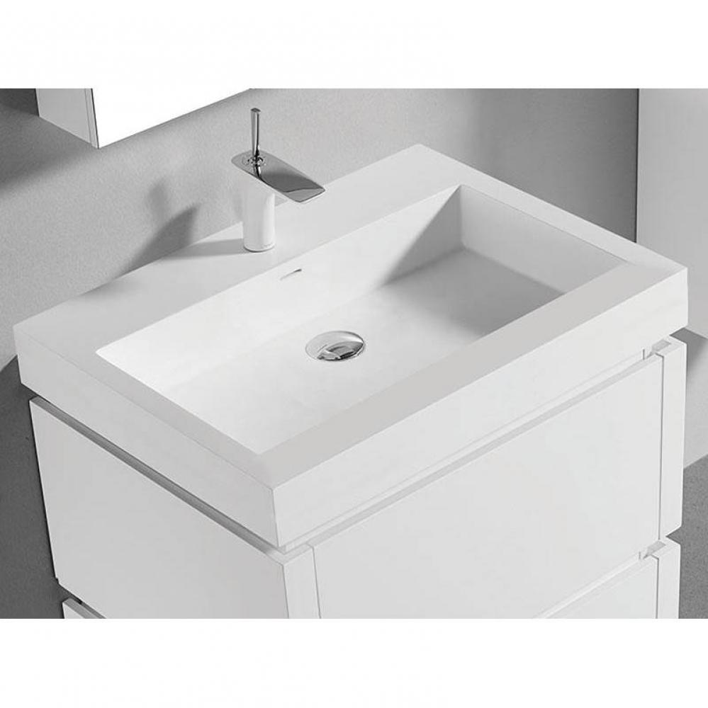 22''D-Trough 24''W Solid Surface , Sink. Glossy White, No Faucet Hole. W/Overf