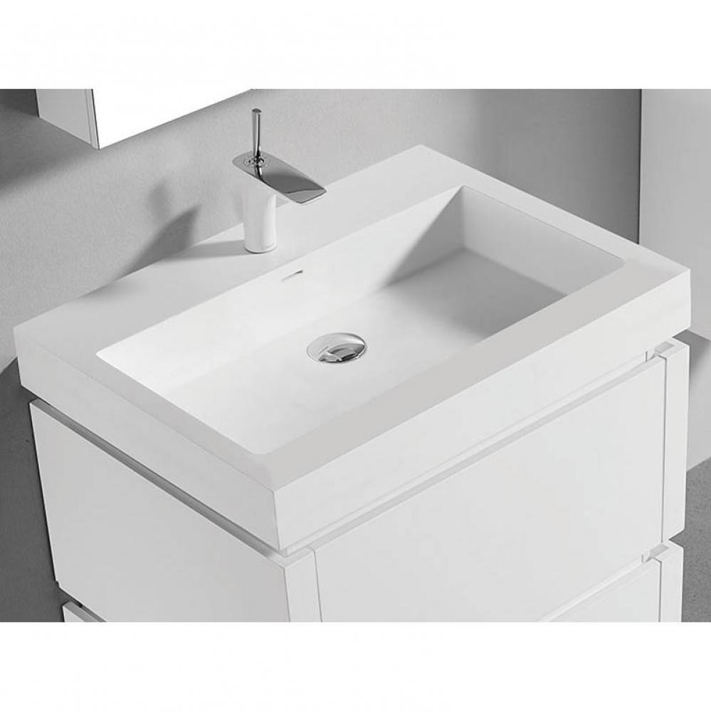 22''D-Trough 30''W Solid Surface , Sink. Glossy White, No Faucet Hole. W/Overf