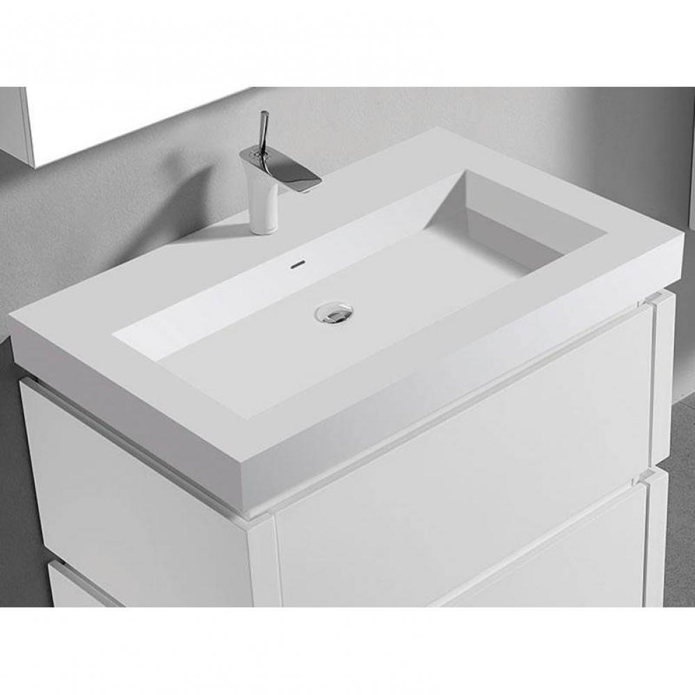22''D-Trough 36''W Solid Surface , Sink. Glossy White, No Faucet Hole. W/Overf