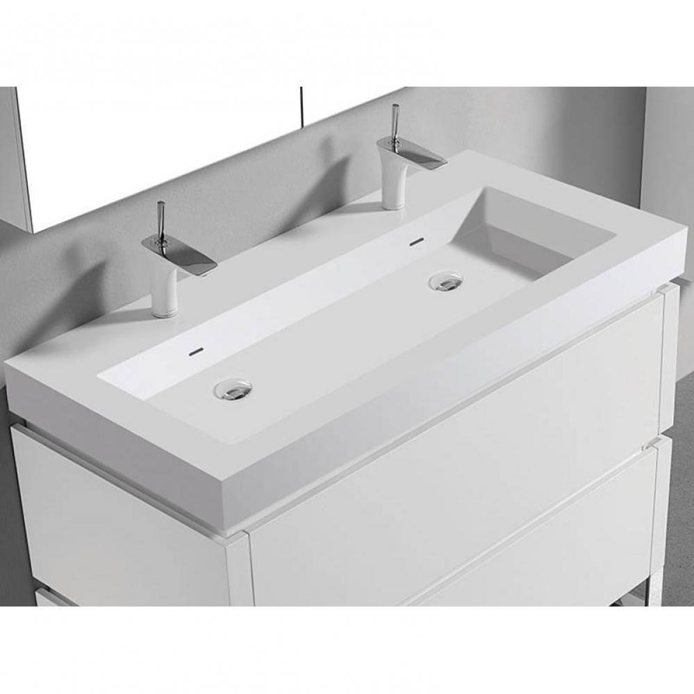22''D-Trough 48''W Solid Surface , Sink. Glossy White. 2-Bowls, No Faucet Hole