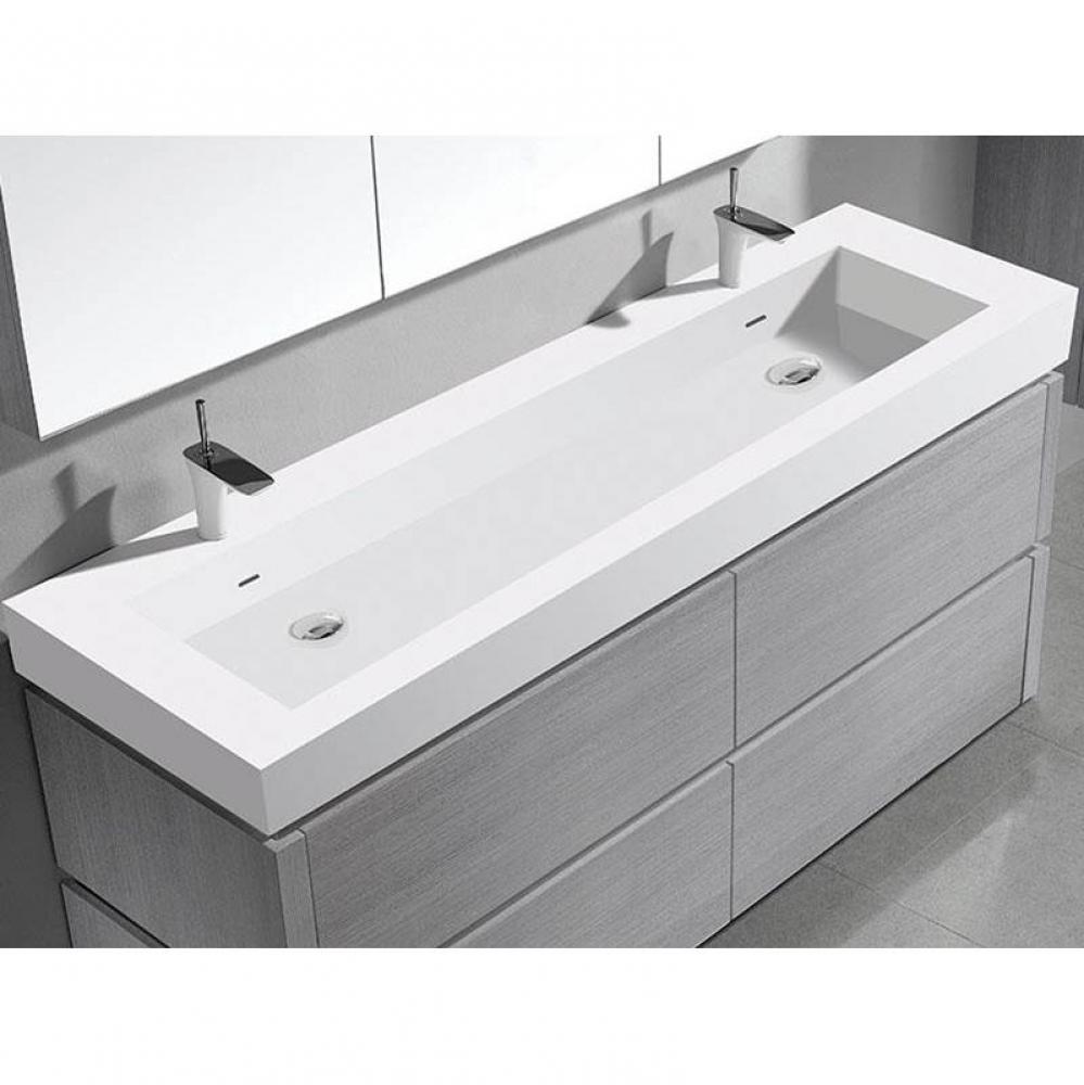 22''D-Trough 60''W Solid Surface , Sink. Glossy White. 2-Bowls, No Faucet Hole