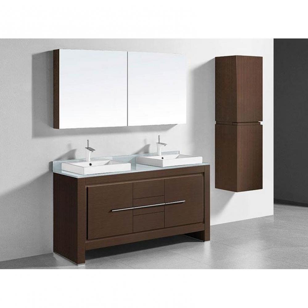 Metro 60''. Walnut, Free Standing Cabinet.2-Bowls, Satin Brass L-Legs (X4), 59-5/8'