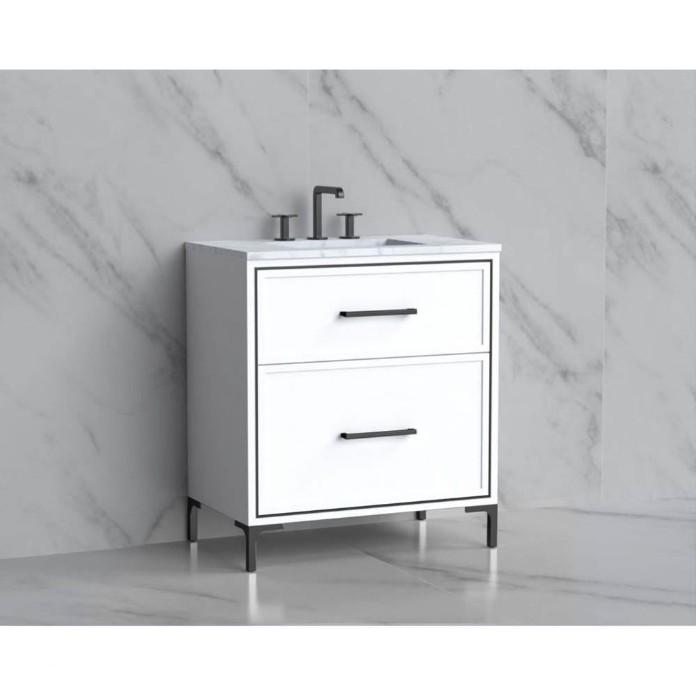 Madeli Profile 30'' Free standing Vanity Cabinet in White/HW: Handle & Feet Satin Br