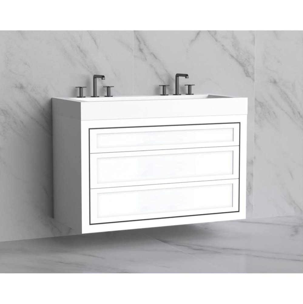 Renaissance 48D'' Wall hung Vanity Cabinet in White - No Handles - Inlay in Polished Chr