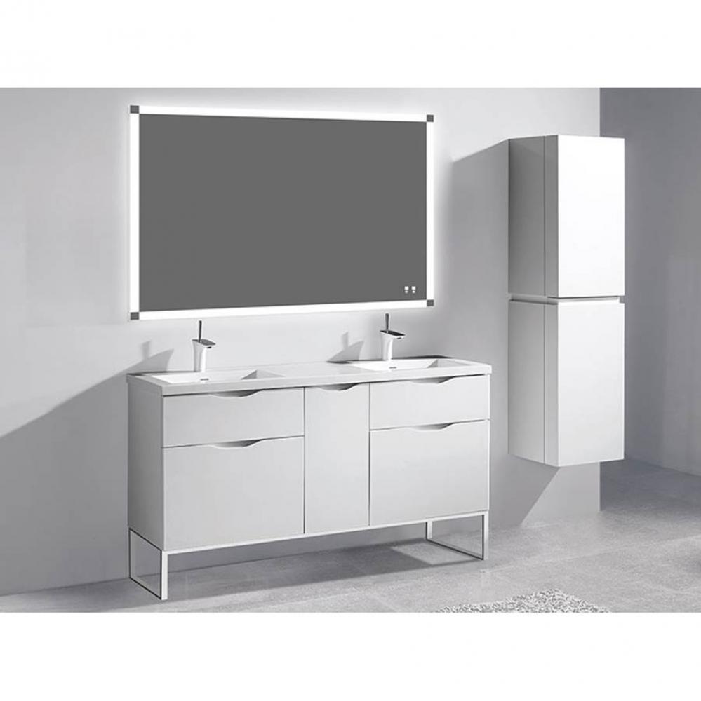Milano 60''. White, Free Standing Cabinet. 2-Bowls, Brushed Nickel S-Legs (X2), 59-1/4&a