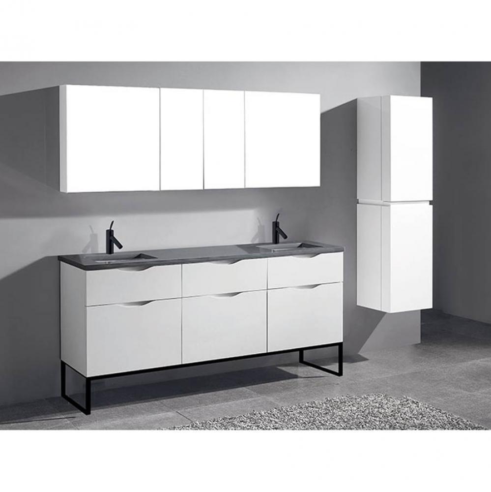 Milano 72''. White, Free Standing Cabinet. 2-Bowls, Polished Nickel L-Legs (X4), 71-1/16