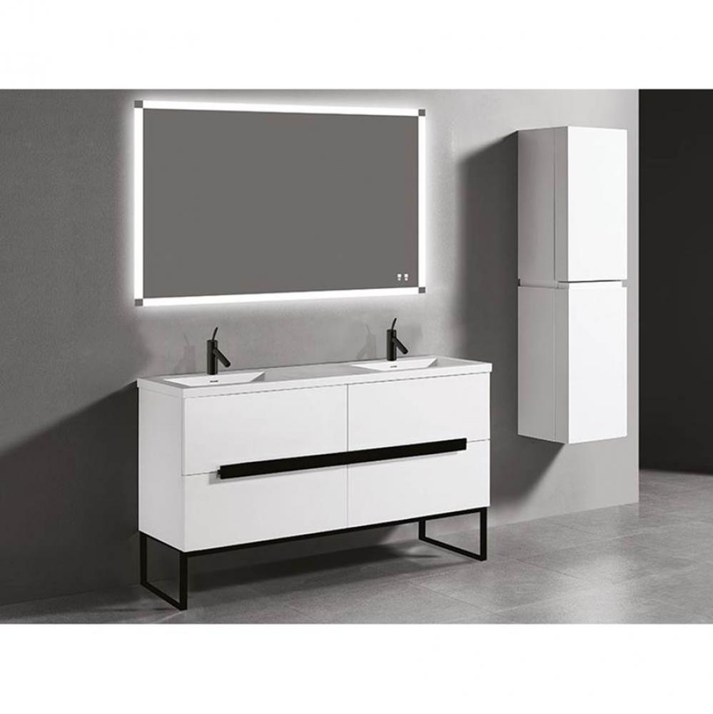 Soho 60''. White, Free Standing Cabinet.2-Bowls, Polished Chrome Handles (X4), S-Legs (X