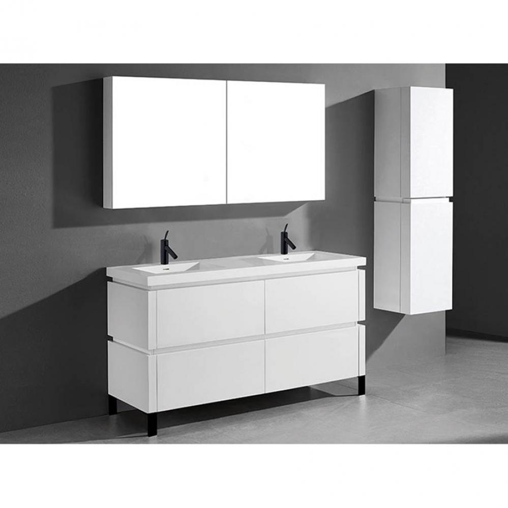 Metro 60''. White, Free Standing Cabinet.2-Bowls, Polished Nickel C-Base (X1), 59-5/8&ap