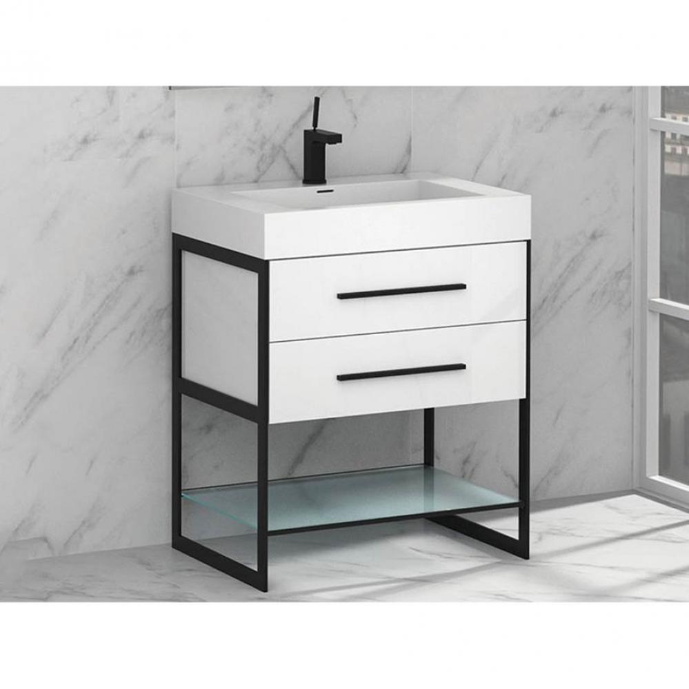 Silhouette 30''. White, Free Standing Cabinet, Polished Nickel H-Legs (X2) /, Handles (X