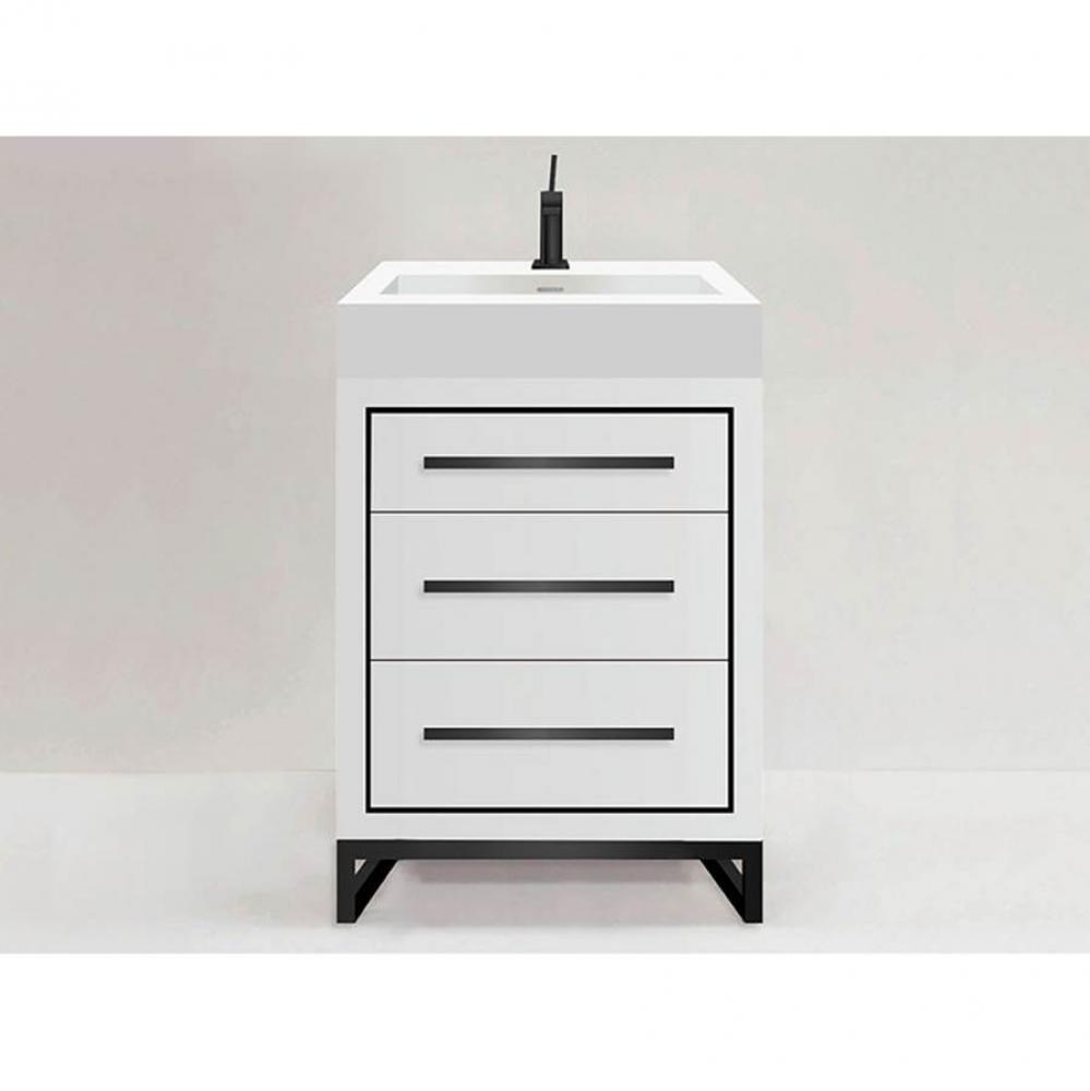 Estate 24''. White, Free Standing Cabinet, Polished Nickel, Handles(X3)/S-Legs(X2)/Inlay