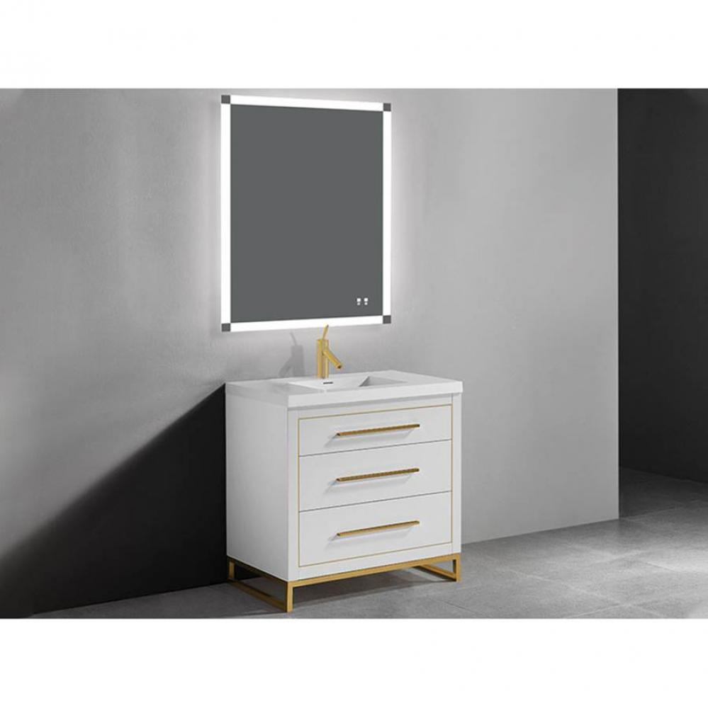 Estate 36''. White, Free Standing Cabinet, Brushed Nickel, Handles(X3)/S-Legs(X2)/Inlay,