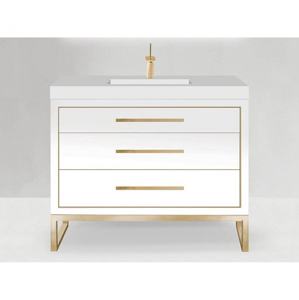 Estate 42''. White, Free Standing Cabinet, Polished Chrome , Handles(X3)/S-Legs(X2)/Inla