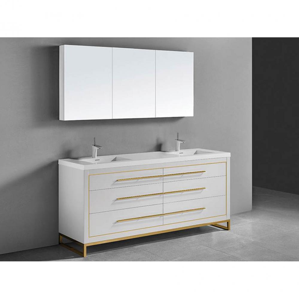 Estate 60''. White, Free Standing Cabinet.2-Bowls, Polished Nickel, Handles(X6)/S-Legs(X