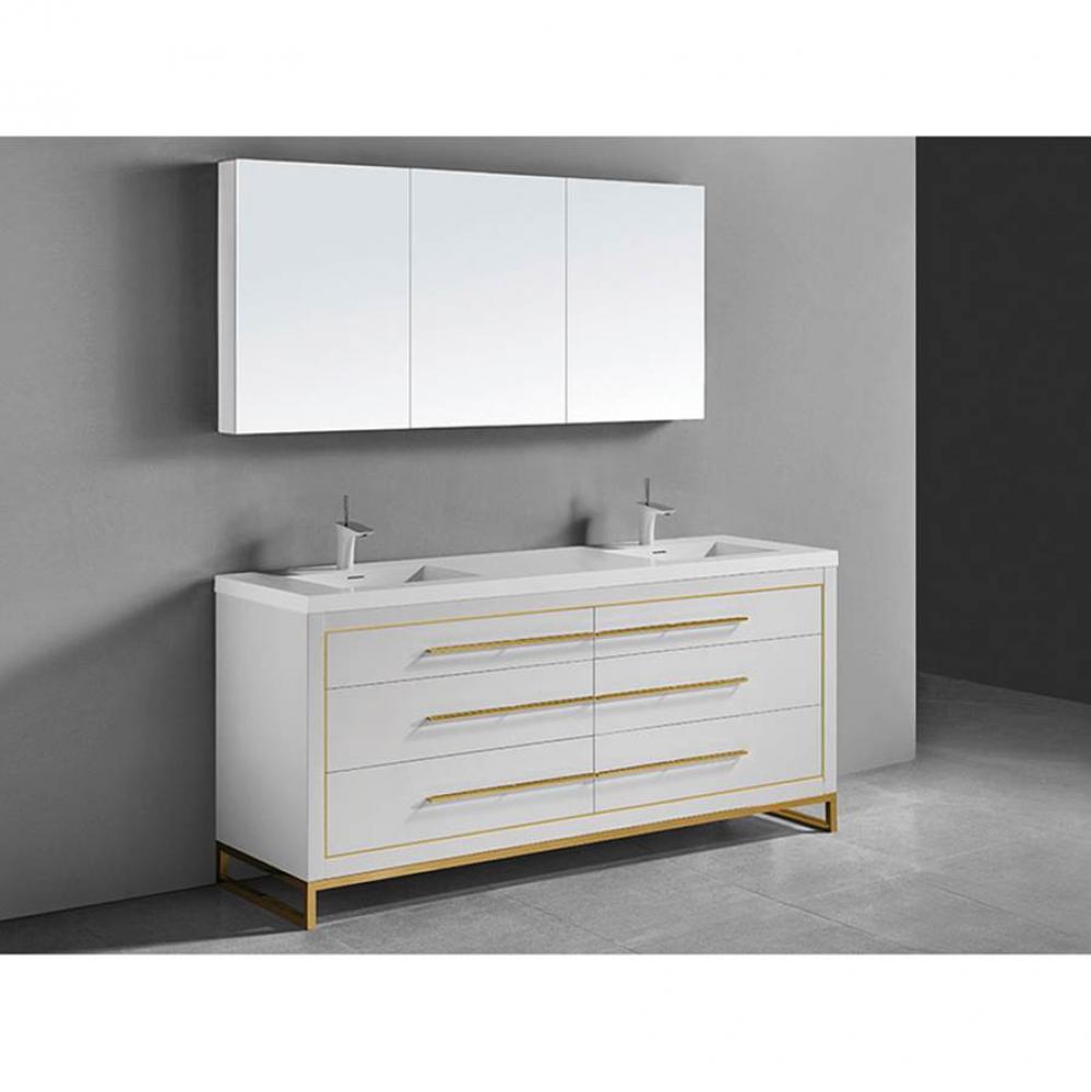 Estate 72''. White, Free Standing Cabinet.2-Bowls, Brushed Nickel, Handles(X6)/S-Legs(X2