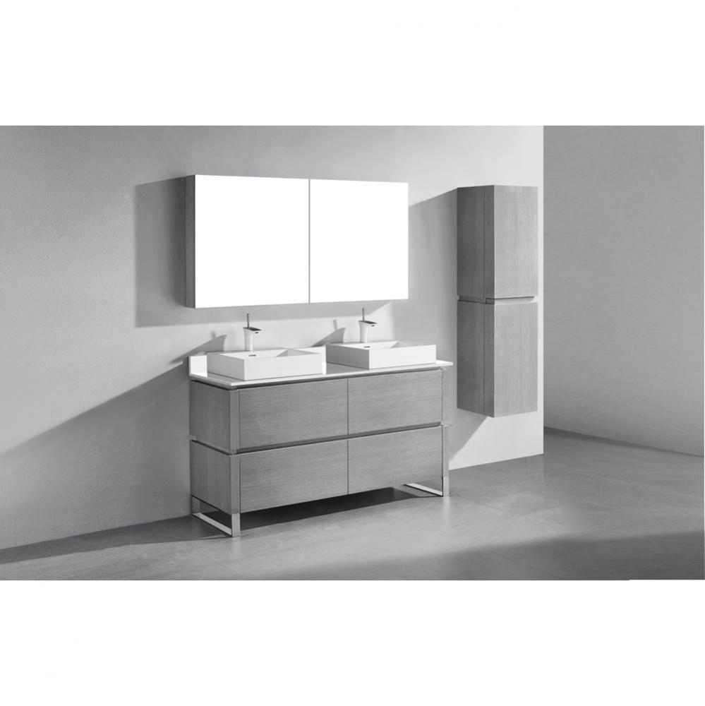 Metro 60''. Ash Grey, Free Standing Cabinet.2-Bowls, Polished Chrome S-Legs (X2), 59-5/8