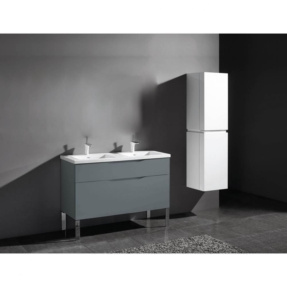 Milano 48''. Studio Grey, Free Standing Cabinet. 2-Bowls, Polished Chrome S-Legs (X2), 4