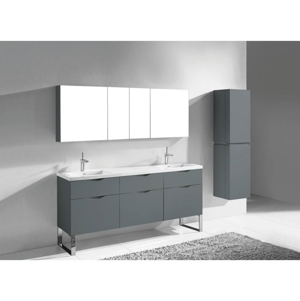 Milano 72''. Studio Grey, Free Standing Cabinet. 2-Bowls, Polished Chrome S-Legs (X2), 7