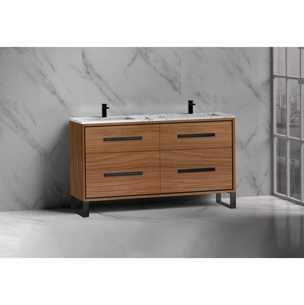 Pinnacle  60D'' Free Standing Vanity Cabinet in Natural Walnut/HW:  Polished Chrome(PC)