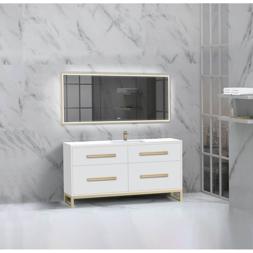 Pinnacle  60C'' Free Standing Vanity Cabinet in White/HW:  Polished Chrome(PC)